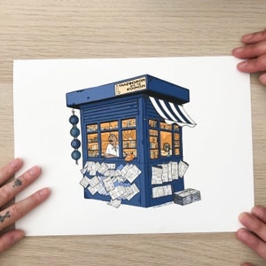 Periptero, tradizionale chiosco di giornali greco, arte greca, stampa giclée, realizzato in Grecia, stile greco, retrò Atene Salonicco