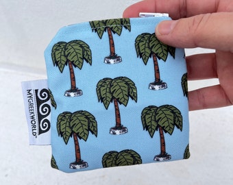 fabric mini coin purse with zip, square, Greek life, palm tree pattern,  designed and handmade in Greece by Greek artist, polyester canvas