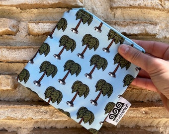 Greek fabric purse  pouch with zip, palm tree pattern, handmade, designed and made in Greece, polyester canvas, square 15x15cm