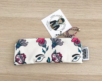 Pencil case canvas fabric, pen school case, cosmetic pouch, zipped, handmade in Greece, Greek pattern, handmade, evil eye flower pattern