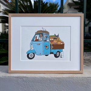 Obst- und Gemüsehändler Kunstdruck Illustration, griechische Kunst, A4 Giclée, made in Griechenland, griechischen Stil, Retro Athen, Obst Gemüse Verkäufer, Dreirad