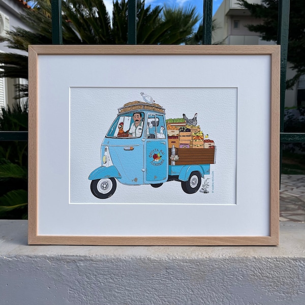 Greengrocer art print illustration, Greek Art, A4 giclée, made in Greece, Greek style, retro Athens, fruit vegetable seller, threewheeler