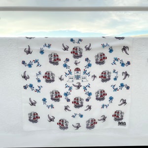 Greek Silk Scarf: Village, flowers, Boat Pattern, Made in Greece