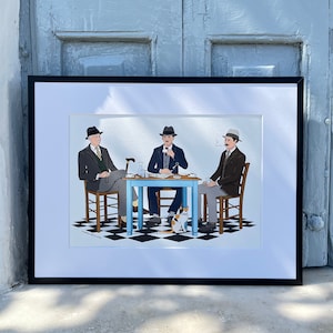 Bevitori di caffè greci, arte greca, scena greca tradizionale retrò, caffetteria, illustrazione di stampa artistica A4, realizzata in Grecia, stile di vita greco