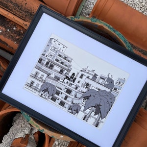 Vista de Atenas, arte griego, ilustración, impresión giclée, blanco y negro o azul, estilo caricatura, artista griego, decoración de pared para el hogar, Atenas, Grecia