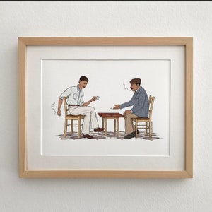 Illustrazione artistica di stampa di giocatori di backgammon in Grecia, arte greca, personaggi retrò, scena tradizionale,