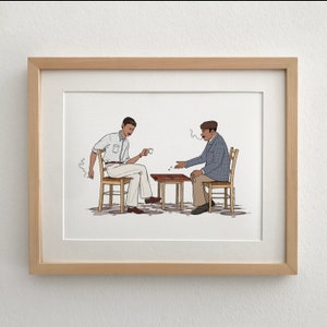 Backgammon players, Greek Art, retro traditional Greek scene, tavli , Art Print illustration A4, made in Greece, Greek style of life, Athens