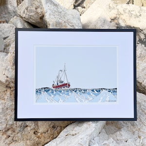 Stampa artistica giclée di una barca da pesca greca, illustrazione di una nave nautica, marina, mare selvaggio, realizzata in Grecia, artista greco, piccolo regalo per lui e per lei, decorazione da parete