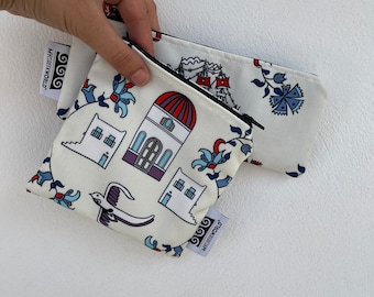 Zipped purse and pencil case, Greek Village and Old ship traditional folk pattern, handmade, designed and made in Greece, polyester canvas