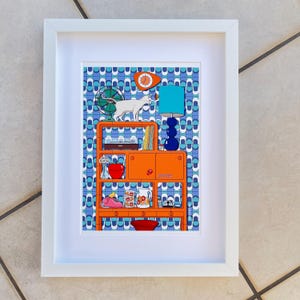 Arte greca, scena d'interni anni '70, stampa artistica, illustrazione giclée, decorazione murale retrò per la casa, realizzata in Grecia