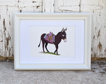Greek donkey, animal illustration, art print giclée, A4 A5 illustration, by Greek artist, design and made in Athens, Greece, small gift