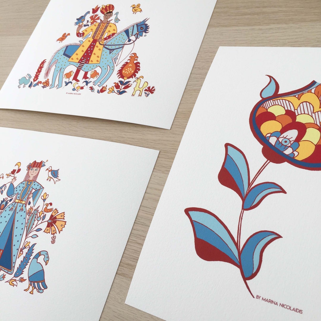 Set Traditional Greek Art Prints Illustration , Folk Art, Greek Man and