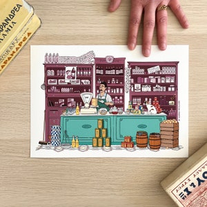 Illustrazione di un negozio di alimentari, tradizionale bakaliko greco, stampa artistica giclée, stile di vita greco, stile retrò, decorazione murale, realizzata in Grecia