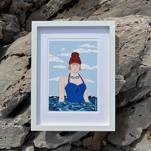 Ilustración de nadador de invierno, impresión artística, giclée, baño de mar de invierno, arte griego, escena vintage retro, diseño y fabricación en Grecia, estilo de dibujos animados.