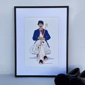 Pastore greco, arte greca, scena greca tradizionale retrò, stampa artistica con illustrazione giclée A4, realizzata in Grecia, stile di vita greco