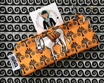 Pencil case canvas fabric, pen school case, cosmetic pouch, zipped, made in Greece, Greek pattern, handmade, donkeys pattern, greek style