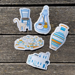 Confezione da 5 adesivi, adesivi sulla vita greca, cultura greca, design e made in Greece, villaggio greco, anfora, gatto greco, briki di caffè greco
