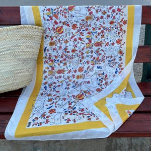 Greek Silk Scarf Shawl: Folk Art Animals & Flowers, Made in Greece
