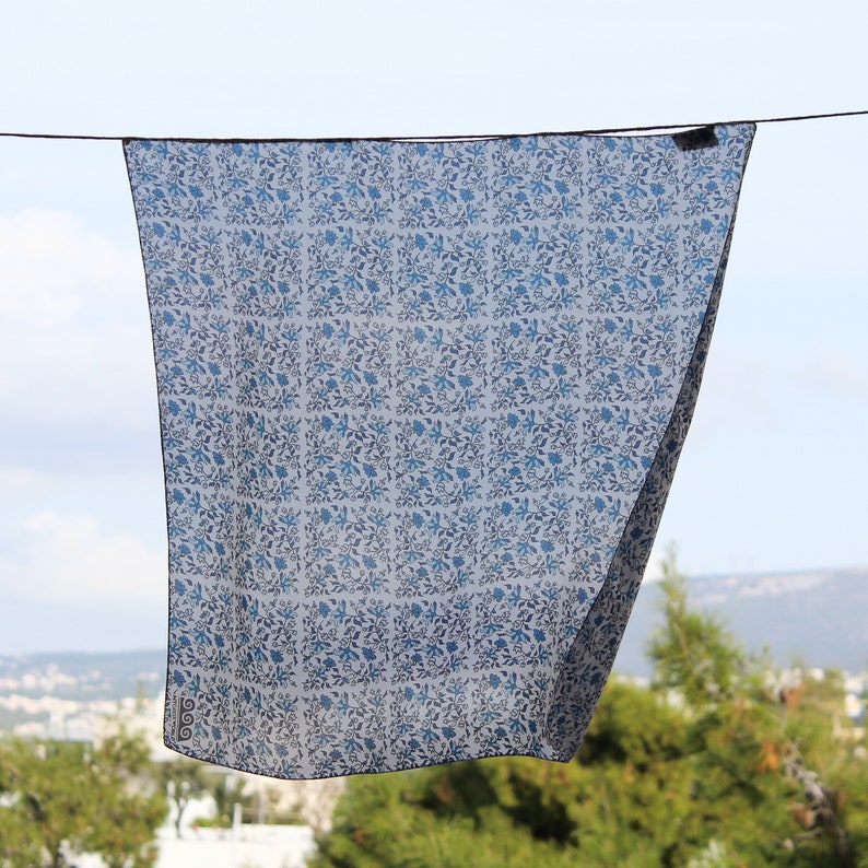 Greek silk square scarf, silk bandana, made in Greece, Greek artist, Greek folk traditional flowers pattern, hair or neck accessories Blue