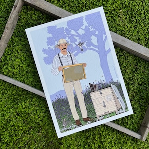 Illustrazione artistica di stampa di apicoltore, arte greca, giclée A4, realizzata in Grecia, stile greco, scena di campagna retrò anni '50