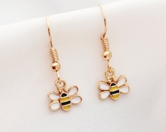 Tiny Bee Earrings | Enamel & Gold Tone Spring Jewellery | Cute Bumble Bee | Cottagecore | Bridgerton | Gardener Gifts Handmade in the UK