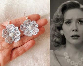 Wanda's Flower Earrings | WandaVision Inspired 1950s Blue Fabric & Faux Pearl Jewellery | Silver Plated Gifts Handmade in the UK