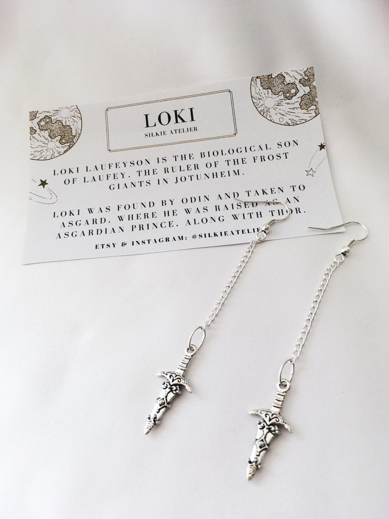 Loki Laufeyson Dagger Earrings Love is a Dagger Silver Plated Chain & Hooks TVA Marvel's Avengers Jewellery Gifts Handmade in the UK Dagger on chain