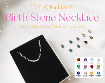 Birth Stone Necklace | Jewellery Gifts Handmade in the UK | Silver Plated Chain, Birthday Crystal & Gift Box | January, February, March, May