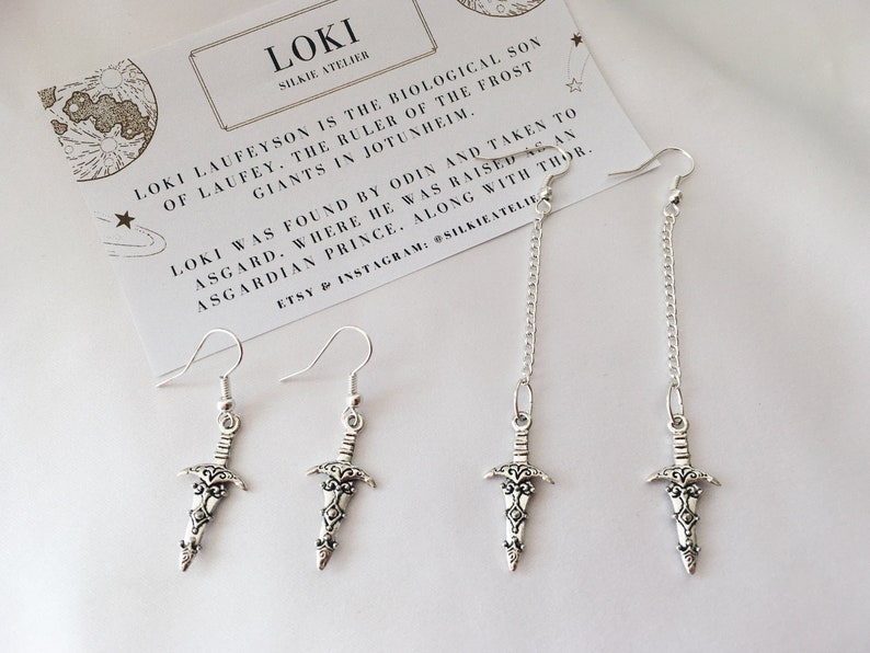 Loki Laufeyson Dagger Earrings Love is a Dagger Silver Plated Chain & Hooks TVA Marvel's Avengers Jewellery Gifts Handmade in the UK image 1