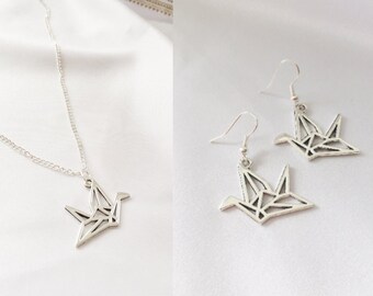 Origami Crane Necklace & Earrings | Meaningful Silver Plated Jewellery | Oriental Paper Bird Pendant, Fine Chain | Gifts Handmade in the UK