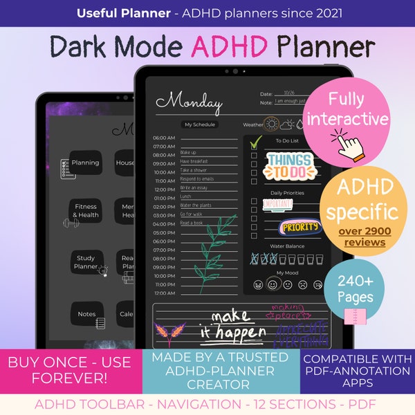 ADHD Digital Planner Goodnotes,  ADHD Dark Mode planner, ADHD planner Adults, Adhd organization, Adhd journal, Dark theme planner