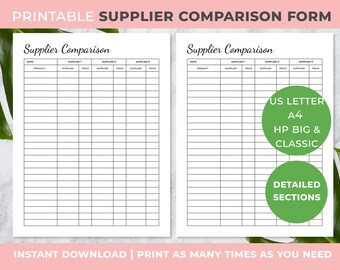 Supplier Comparison Sheet, Vendor comparison, Supply Order Form, Small business management forms