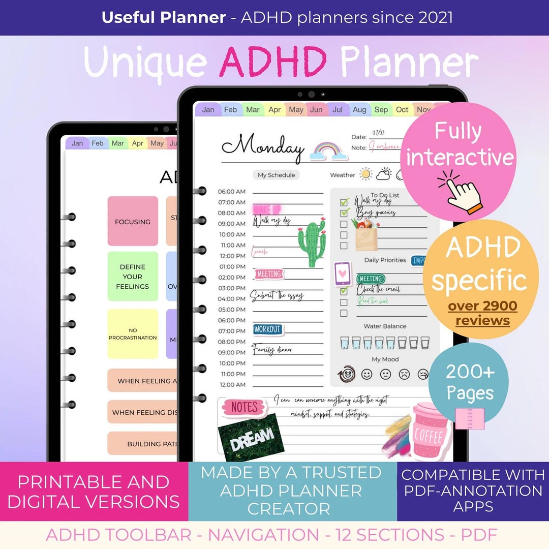 ADHD Digital and Printable Planner, Goodnotes Planner, Undated Digital ...
