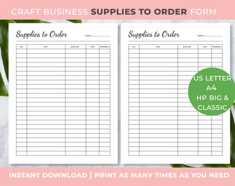 Craft Business Supplies Tracker, Supply Order Form, Inventory Tracker, Inventory Management