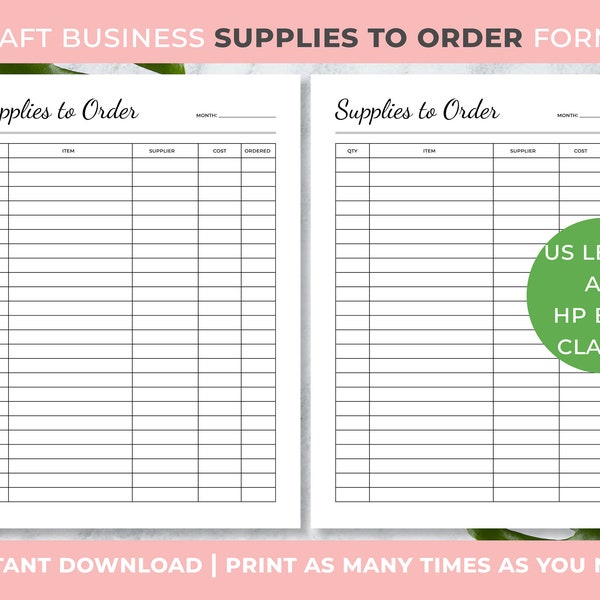 Craft Business Supplies Tracker, Supply Order Form, Inventory Tracker, Inventory Management