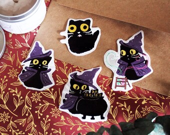 Cute Spooky Black Cat Witch Vinyl Sticker Pack