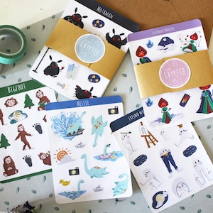 Cute Cryptid Sticker Sheet Pack - Mothman/Bigfoot/Lochness Monster/Nightcrawler/Flatwoods Monster