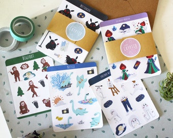 Cute Cryptid Sticker Sheet Pack - Mothman/Bigfoot/Lochness Monster/Nightcrawler/Flatwoods Monster