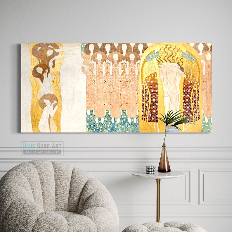 Gustav Klimt Hand-Painted Masterpiece Reproduction Oil Painting of The Beethoven Frieze The Hostile Powers Customisable Canvas Sizes Gold Textured Art - Blue Surf Art .com