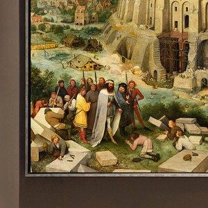 May include: A framed print of a historical painting depicting a biblical scene. The artwork features numerous figures in period clothing, with a large building under construction in the background. The color palette is dominated by earthy tones.