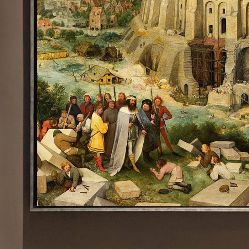 May include: A framed print of a historical painting depicting a biblical scene. The artwork features numerous figures in period clothing, with a large building under construction in the background. The color palette is dominated by earthy tones.