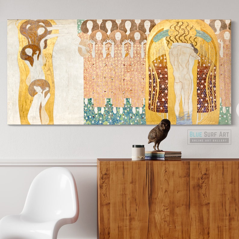 Gustav Klimt Hand-Painted Masterpiece Reproduction Oil Painting of The Beethoven Frieze The Hostile Powers Customisable Canvas Sizes Gold Textured Art - Blue Surf Art .com