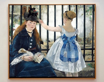 May include: A painting of two women standing in front of a wrought iron fence. The woman on the left is wearing a blue dress and a black hat. She is holding a book and a small dog. The woman on the right is wearing a white dress with a blue bow. The background is a blurry cityscape.