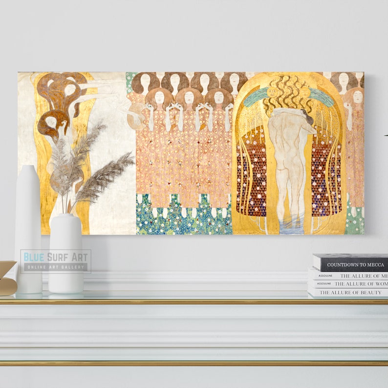 Gustav Klimt Hand-Painted Masterpiece Reproduction Oil Painting of The Beethoven Frieze The Hostile Powers Customisable Canvas Sizes Gold Textured Art - Blue Surf Art .com