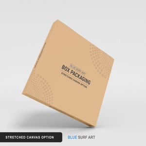 May include: A tilted, square cardboard box with the text "BOX PACKAGING" and "STRETCHED CANVAS OPTION" in blue and black. The box is light brown with a dotted pattern in the corners. The words "BLUE SURF ART" are also visible.