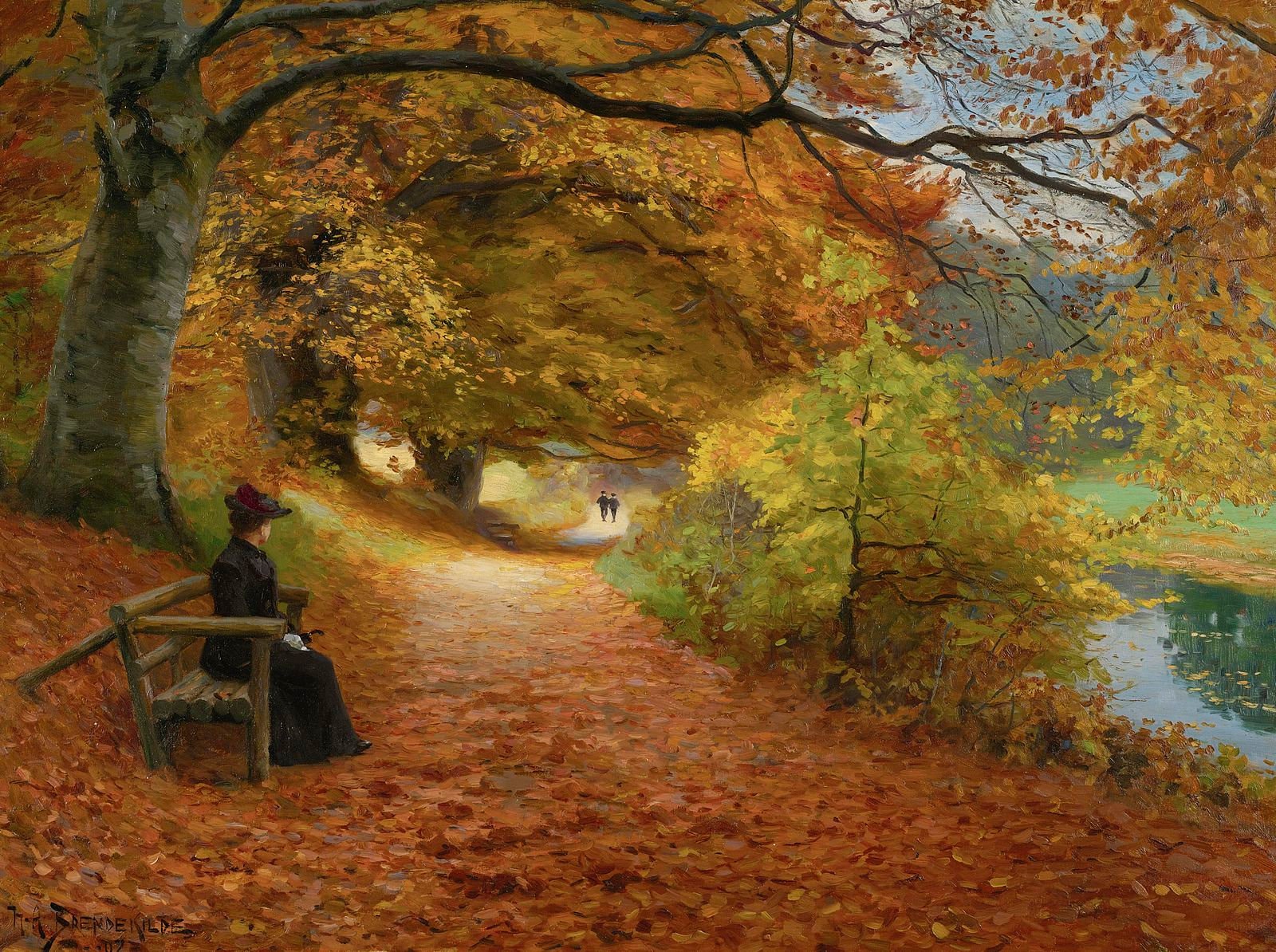 鉛筆画「Amber in autumn」　B5大サイズ Hand Painted Autumn Path Oil Painting by Brendekilde: Danish Art