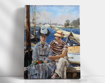 May include: A painting of a couple sitting on a boat dock. The woman is wearing a striped dress and a large hat. The man is wearing a striped shirt and a straw hat. The painting is set against a backdrop of a blue sky and water.