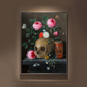 Vanitas Bodegón pintura Jan van Kessel Reproducción Lienzo Arte Sala de estar Arte de pared 100% pintado a mano Óleo sobre lienzo Flores Arte de calavera
