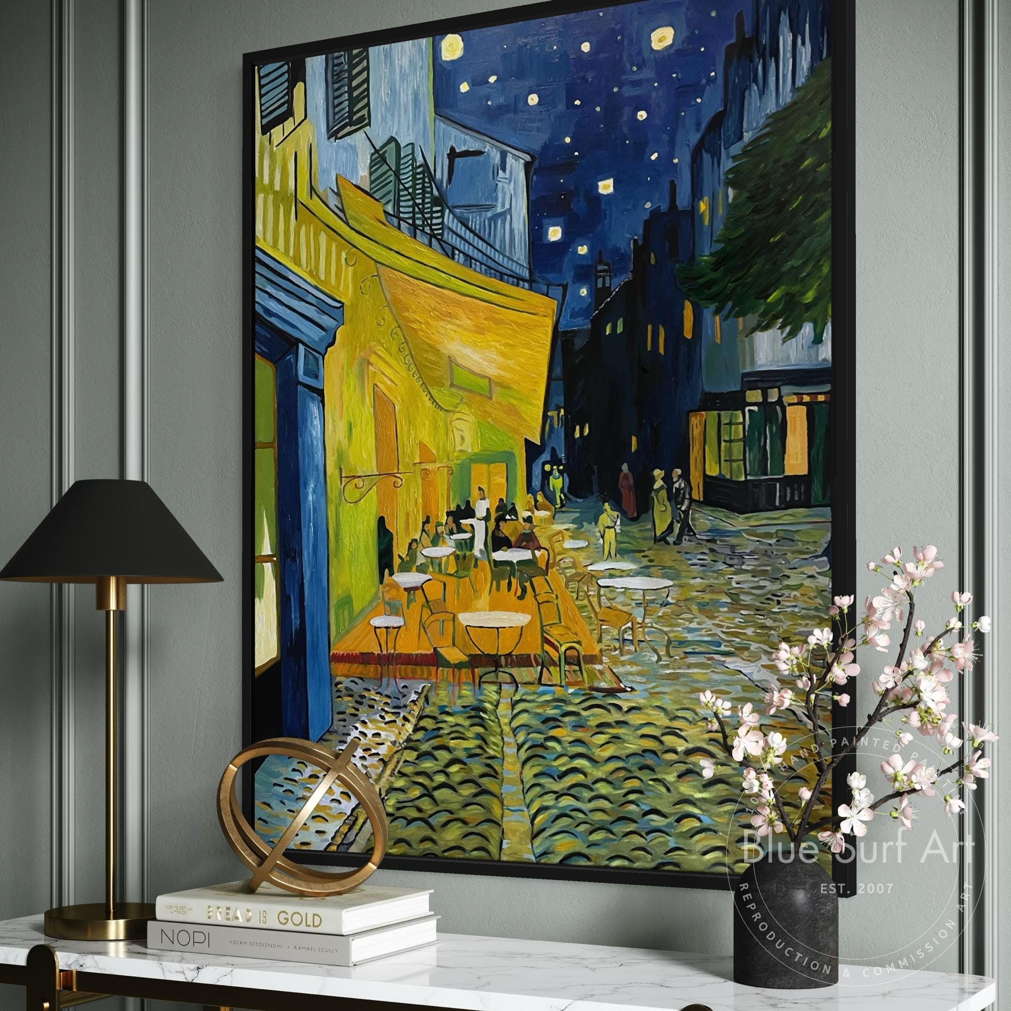 ゴッホ作「夜のカフェテラス」複製画 – キャンバスに手描きされた油絵