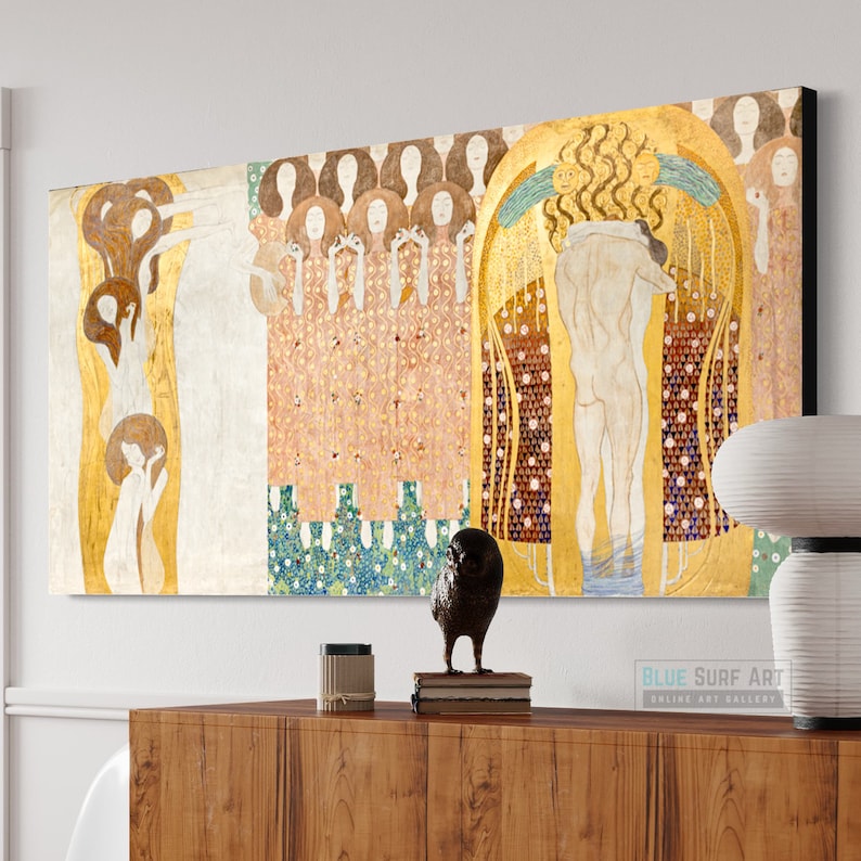 Gustav Klimt Hand-Painted Masterpiece Reproduction Oil Painting of The Beethoven Frieze The Hostile Powers Customisable Canvas Sizes Gold Textured Art - Blue Surf Art .com